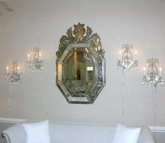 Pair of Silvered Metal and Crystal 2-Lite Sconces