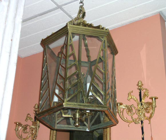 Pair of Art Deco Gilt Bronze 3 Lite Hexagonal Lanterns