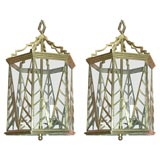 Pair of Art Deco Gilt Bronze 3 Lite Hexagonal Lanterns