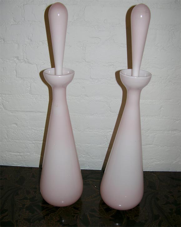 Pair of Italian Pink Opaline Decanters