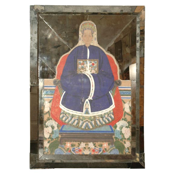 A Chinese Ancestral Portrait in Antique Mirror Frame