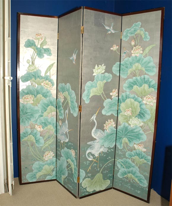 A Chinese 4 Panel Hand Painted Folding Screen
