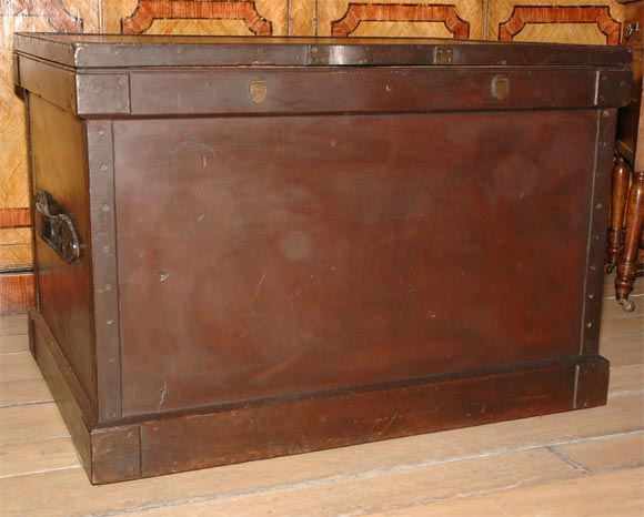 1860s English large painted Camphorwood silver chest with leather handles. May be used as small coffee table.