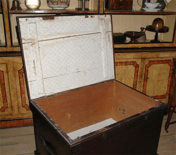 1860s English Large Painted Camphorwood Silver Chest with Leather Handles 3
