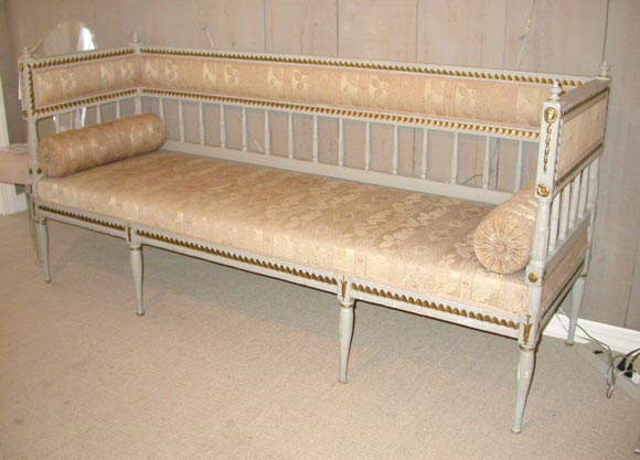 Neoclassical gilt decorated and grey painted long bench