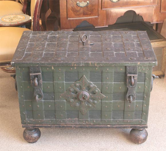 16th or 17th Century Spanish Iron Strong Box.  Beautifully Engraved Steel Plates covering the Elaborate Lock. Motif is comprised of Mermaids, Dolphins and Nobles.