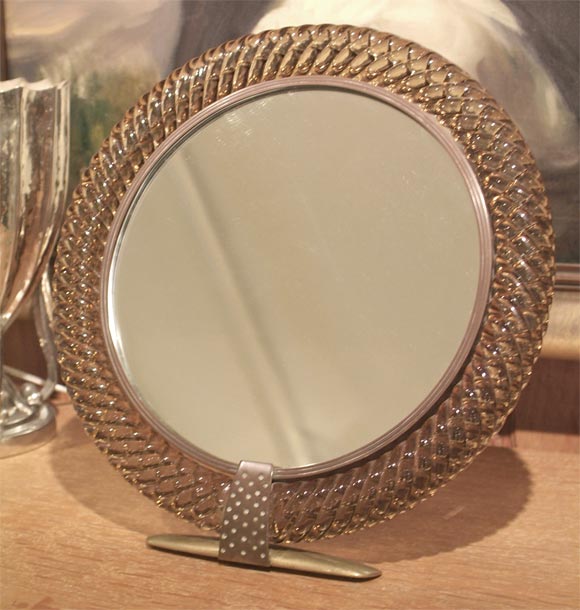 Venini table top vanity mirror frame with patinated bronze mounts. Stamped Venini, Murano