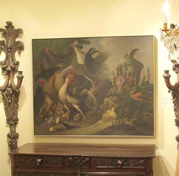 Oil on Canvas of Roosters and Chicks