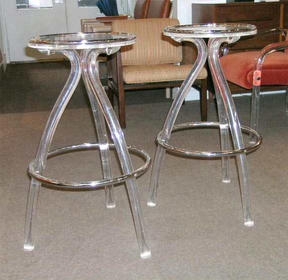 Set of 7 Bar stools in molded acrylic with chrome accents, American 1970's