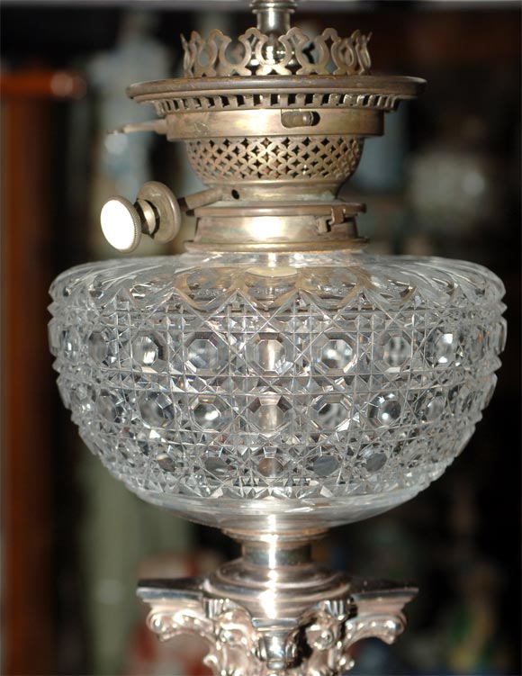 English Silver on Copper Cut Crystal Banquet Lamp 2