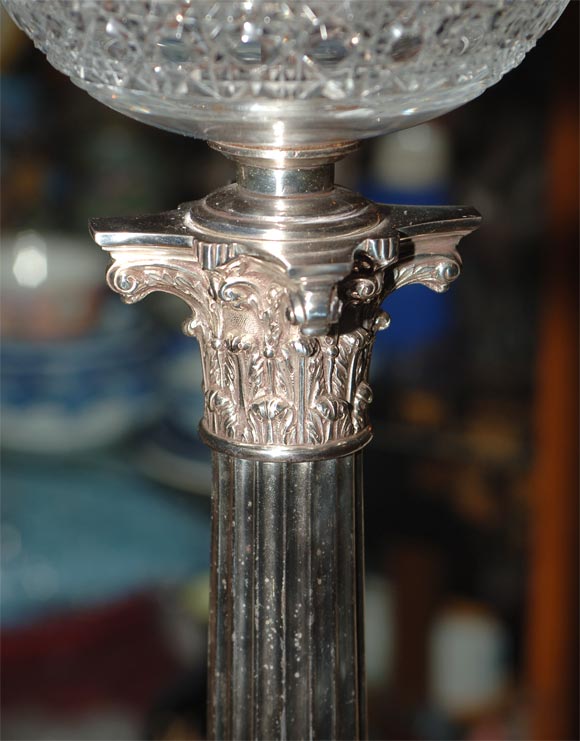 English Silver on Copper Cut Crystal Banquet Lamp 5