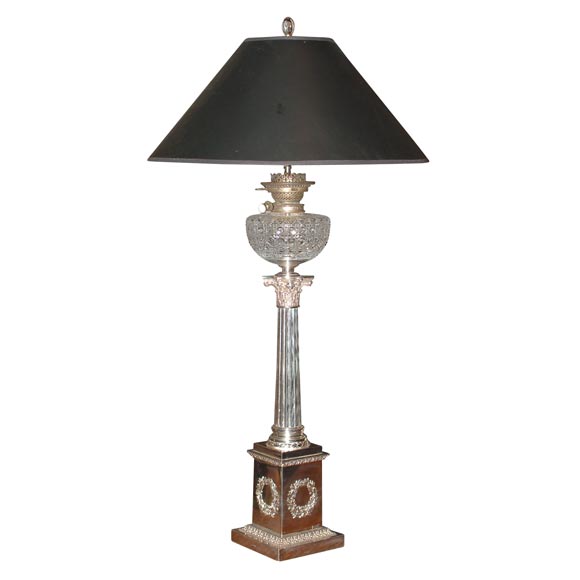 English Silver on Copper Cut Crystal Banquet Lamp
