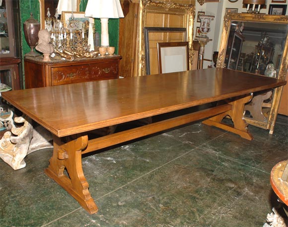 Solid oak english arts and crafts Period Tressel style refectory table.