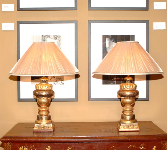 Charming Pair of Italian Gilt Wood Pole Finial Lamps