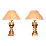 Antique Charming Pair of Italian Gilt Wood Pole Finial Lamps