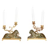 Pair of French Bronze Lion Candelabra