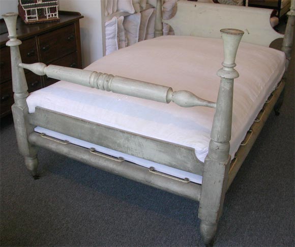 19TH century original white painted Rope Bed with a custom made mattress with a 19th century homespun cover.
