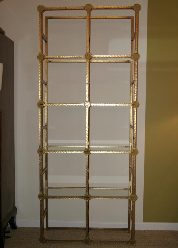 Italian etagere, gilded iron with amber glass inserts