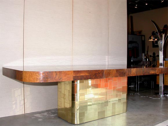 Burled wood & patchwork brass dining table by Paul Evans
