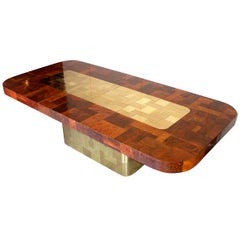 Burled wood & patchwork brass dining table by Paul Evans