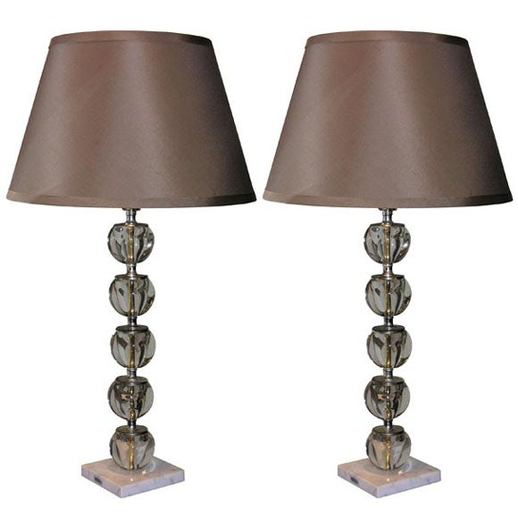 Pair of 1940
s Crystal Ball Lamps with Marble Bases