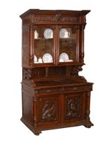 Antique Victorian Carved Oak Hutch with Glass Front Cabinet