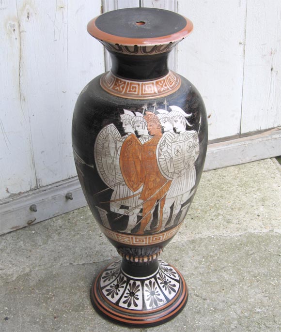 Neo-classical glazed terracotta vase lamp base decorated with Greek motifs, white and rust figures on black ground. Signed by Venturi on base and underneath.