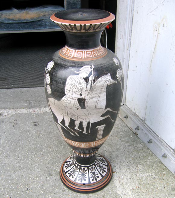 French Glazed Terracotta Vase Lamp Base with Greek Motifs by Venturi For Sale
