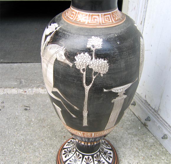 Mid-20th Century Glazed Terracotta Vase Lamp Base with Greek Motifs by Venturi For Sale