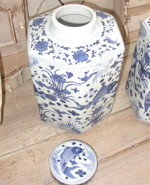 Pair six sided blue and white Chinese covered jars