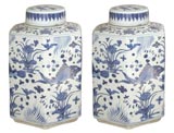 Vintage Pair six sided blue and white Chinese covered jars