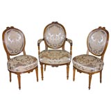 Antique French Louis XVI Fauteuil & Pair Side Chairs