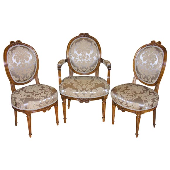 French Louis XVI Fauteuil & Pair Side Chairs For Sale