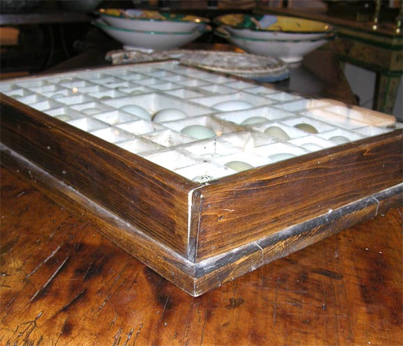 A collection of various eggs in a hand made box with glass and straw.