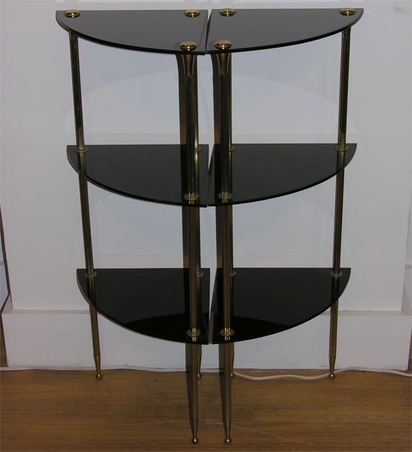 #3418 Pair of Brass and Glass Corner Etageres