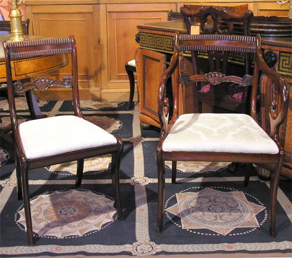 Set of 8 Regency Mahogany Sabre Leg Dining Chairs, ca 1810