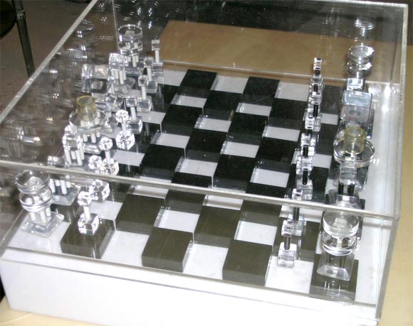 1970's french black and clear and white lucite chess set.