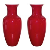 Pair of Murano Hand Blown Red Cased Glass Vases