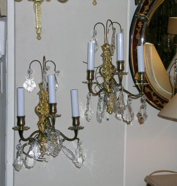 pair of bronze sconces with crystals, wired