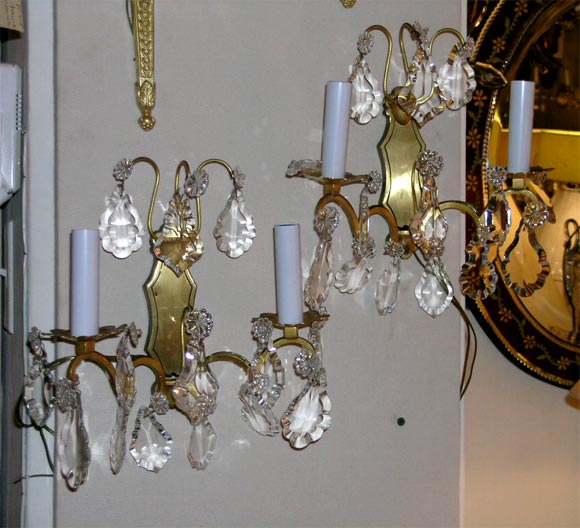 pair of bronze and crystal sconces, wired