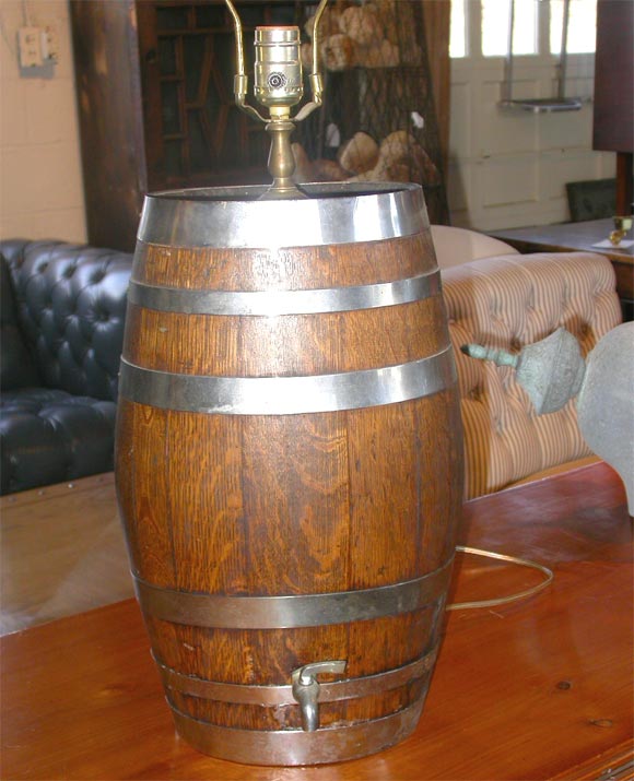 Wood Beer Keg with Steel Strapping<br />
Converted into Lamp, with original spout<br />
Nice Patina