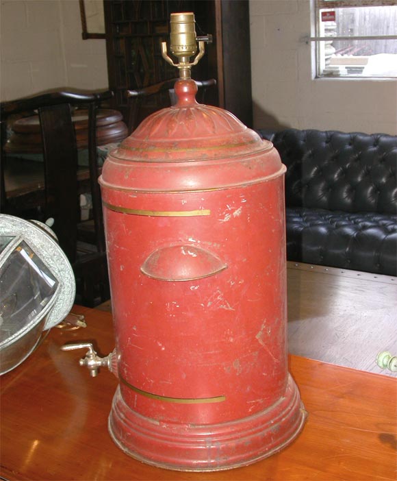 Red Painted Metal, Gold Trim<br />
Water Cooler with Spigot - Converted into Lamp<br />
Bold Color and Size