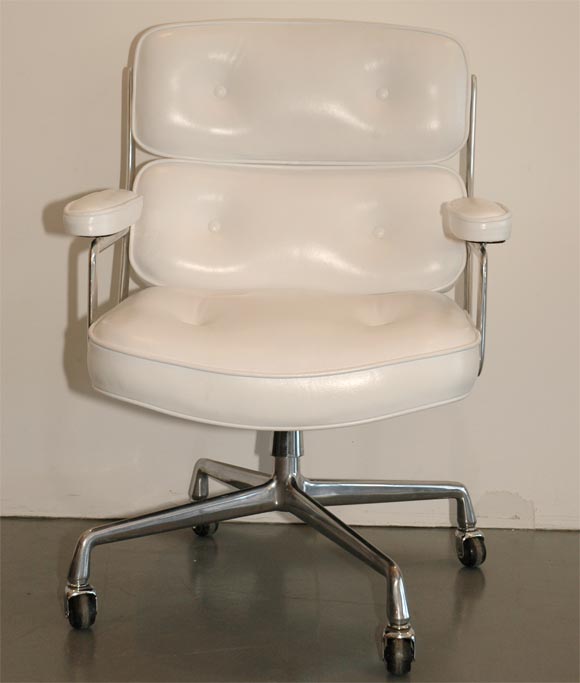 Classic office chair, from the Time Life building in New York. Designed by Eames. Newly upholstered with perfectly polished aluminum base. Multiple quantity available and may be reupholstered in any leather.