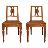 Pair of Italian Walnut Neoclassical Side Chairs with Caned Seats