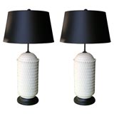 Pair white ceramic lamps with feather motif