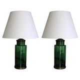 Pair vintage green glass apothecary jar lamps