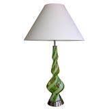 Single green swirl handblown glass lamp