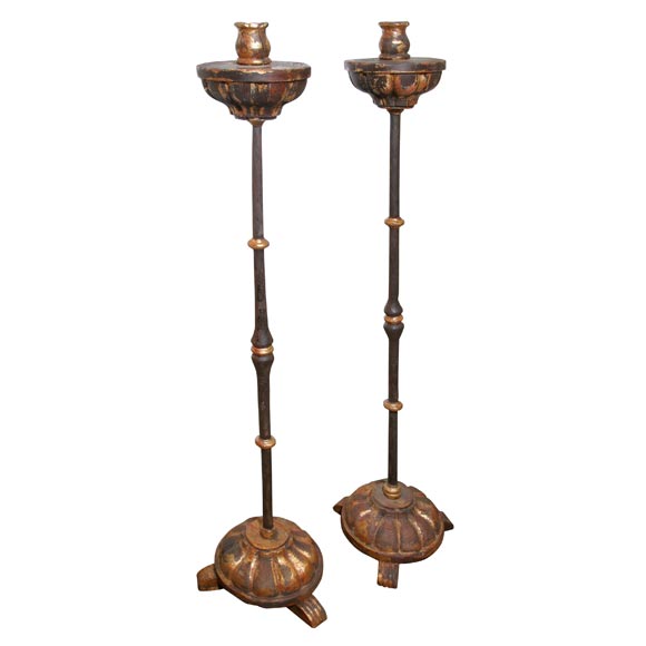 Wrought Iron And Wood Floor Candle Stands At 1stdibs
