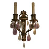 Pair Two Arm Gilt Wood And Rock Crystal Sconces