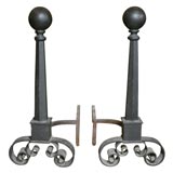 pair of edwardian iron andirons with pillar and ball